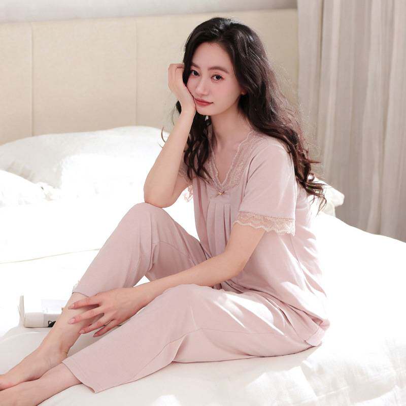专柜官方莫代尔睡衣女夏季短袖长裤薄款夏天中年妈妈女士夏款高级