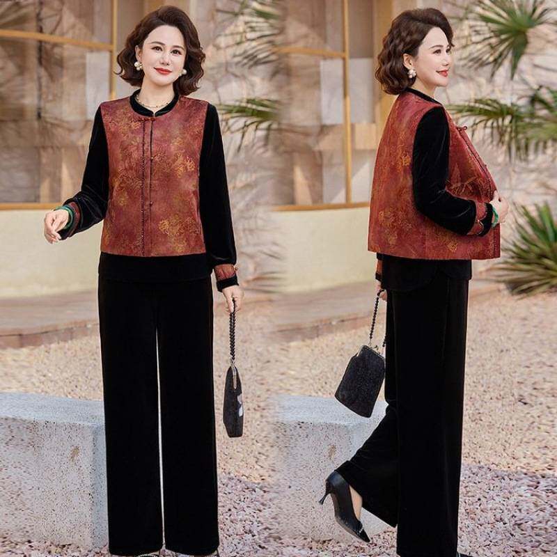 专柜品牌中老年妈妈复古中式套装国风女装春秋时尚马甲三件套民族
