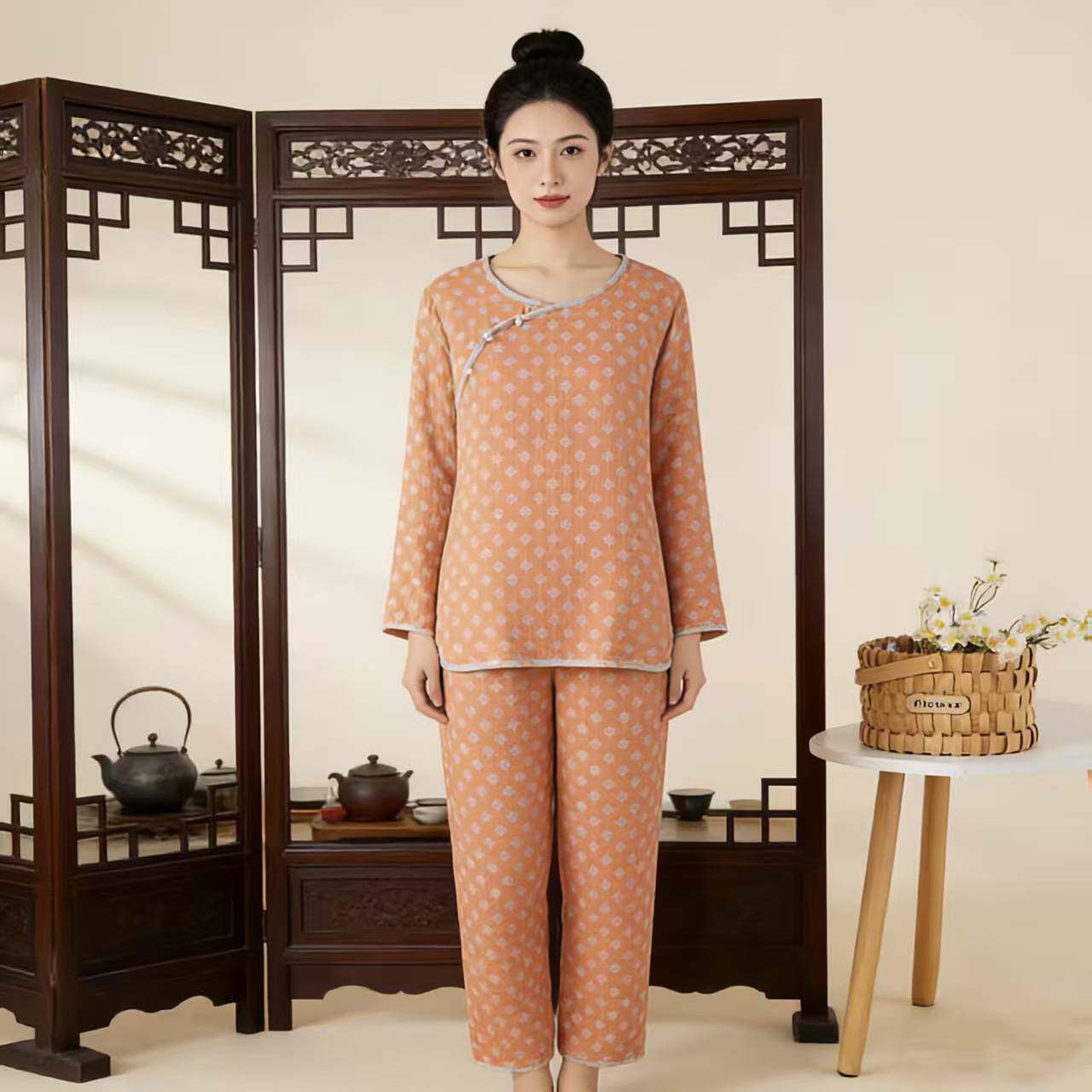 专柜品牌国风色织提花偏襟珠扣睡衣套装女士四季薄款长袖长裤可外