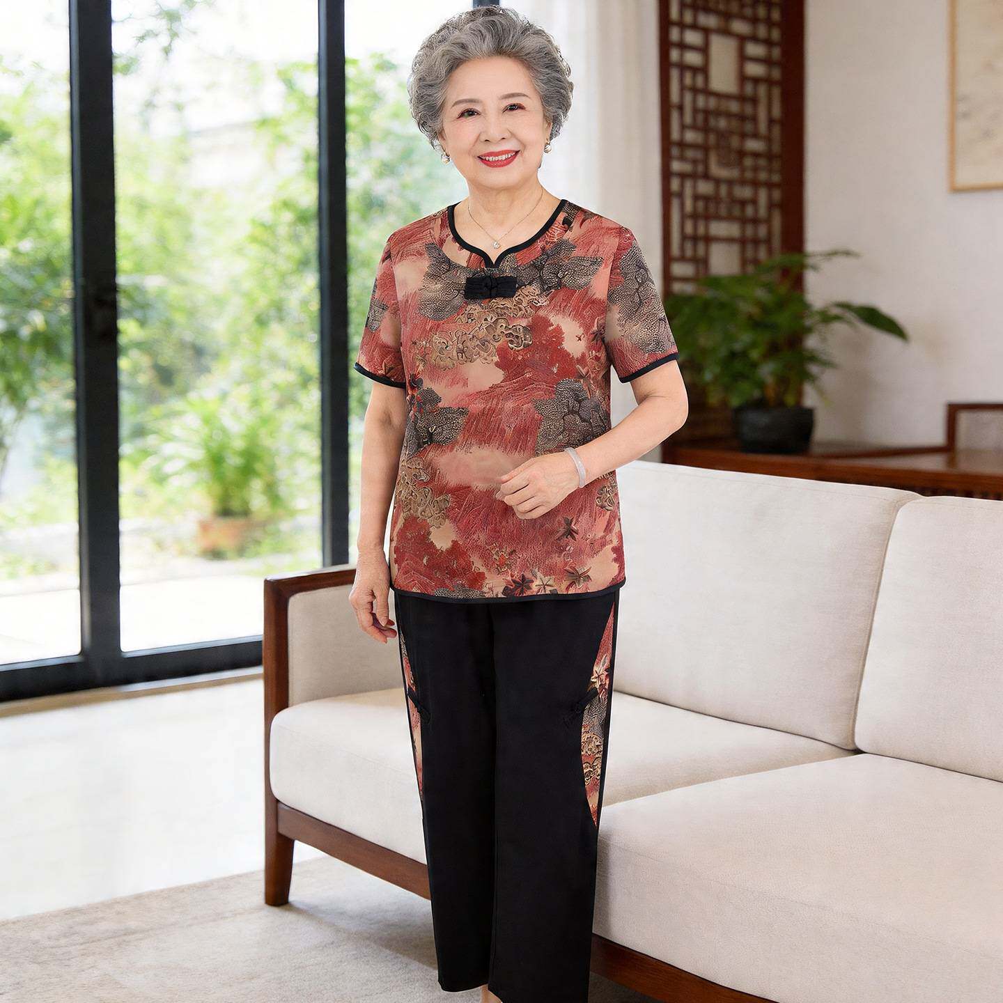 专柜官方老年人夏装印花百搭套装奶奶短袖套头裤子妈妈夏季宽松休