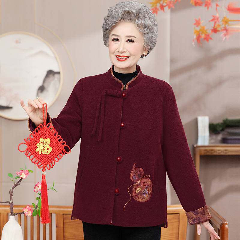 专柜官方中老年人女装奶奶装秋冬长袖唐装老太太婆婆装毛呢上衣妈
