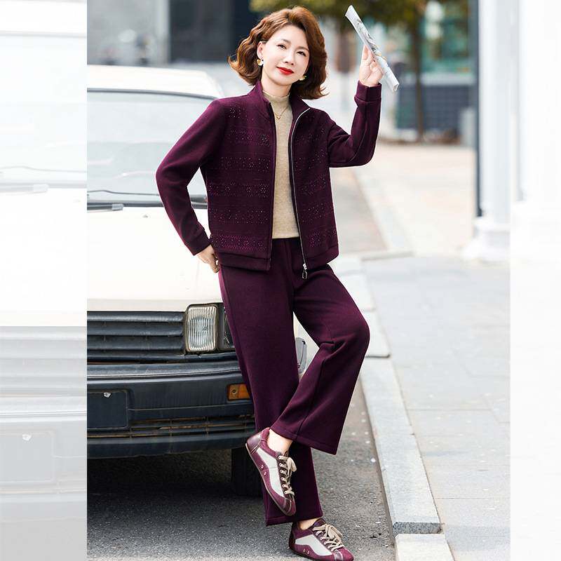 专柜官方年轻妈妈冬装加厚外套洋气中老年运动套装女秋冬季加绒卫