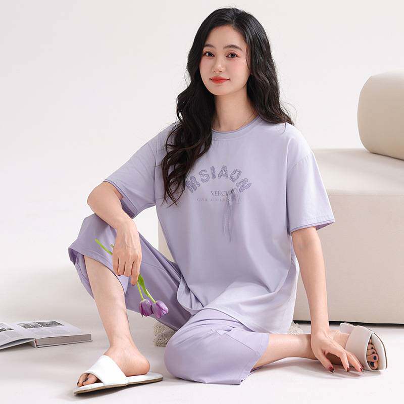 专柜官方2026年新款带胸垫睡衣女士夏季纯棉短袖七分裤薄款大码家