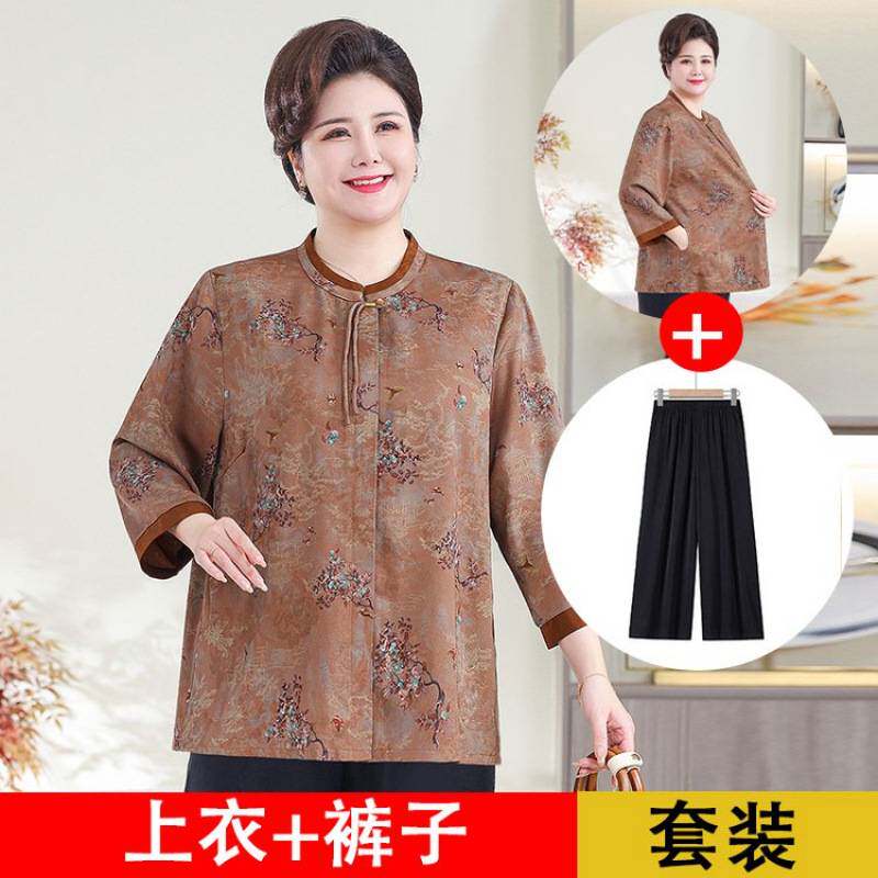 专柜品牌中老年人女春夏装套装妈妈立领印花大码七分袖两件套太太