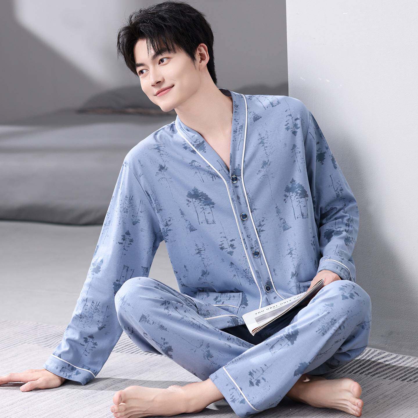 专柜品牌男士睡衣春秋季针织棉长袖开衫和服套装简约大码开衫家居