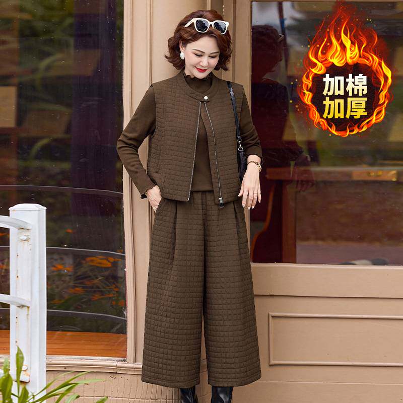 专柜官方中老年女装秋冬加棉加厚时尚三件套中年妈妈冬装拉链马甲