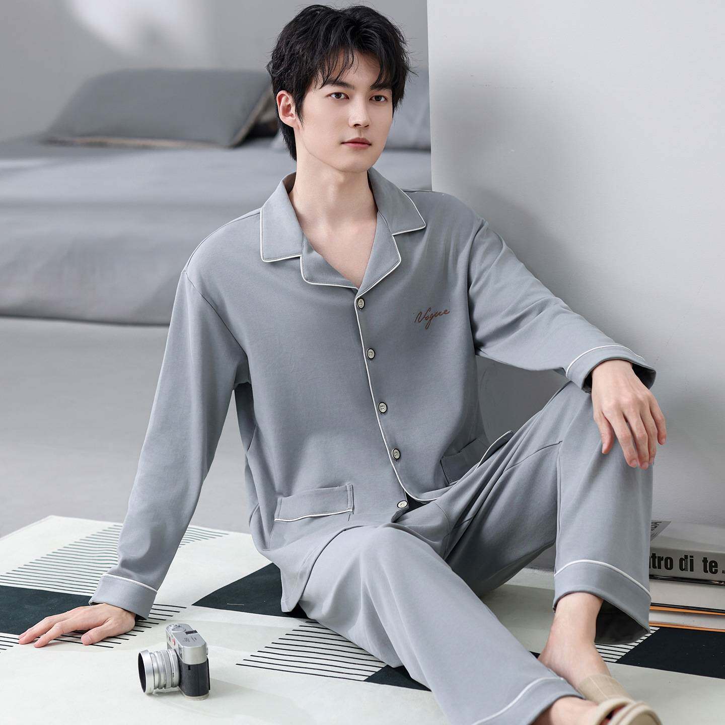 专柜品牌春秋季睡衣男长袖长裤套装开衫翻领纯棉宽松简约休闲大码