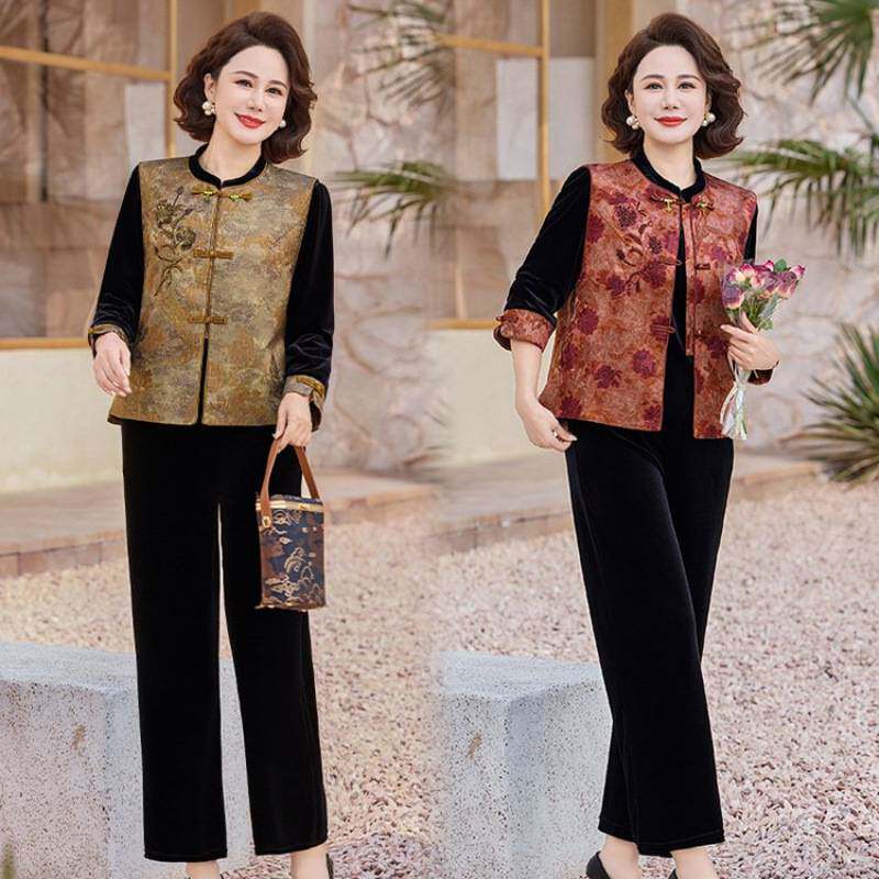 专柜品牌中老年人洋气国风新中式女装三件套妈妈装秋装阔太太气质