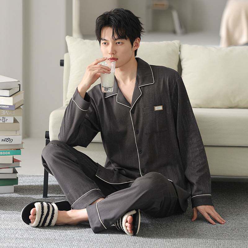 专柜品牌男士睡衣纯棉长袖开衫套装春秋季可外穿全棉家居服简约大