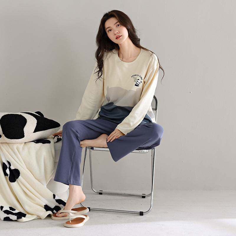 专柜品牌春秋季双面纯棉女士睡衣长袖圆领套装100%棉甜美全棉家居