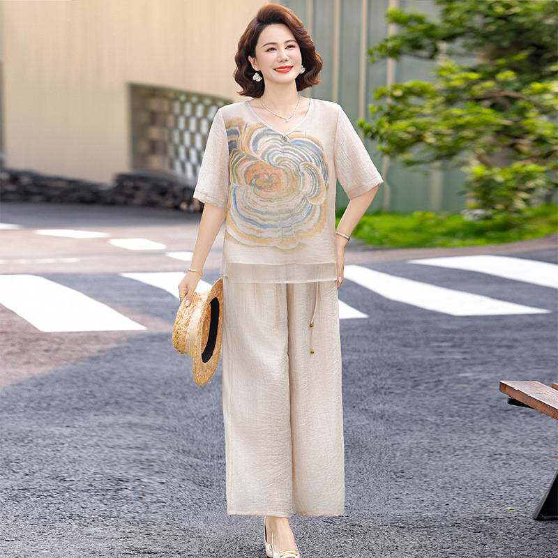 专柜官方妈妈夏大码女装雪纺上衣两件套中老年洋气新中式国风短袖