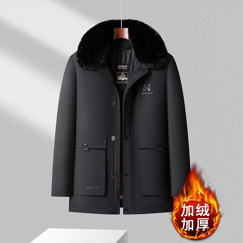 专柜品牌男士加绒加厚可拆卸毛领派克服高端中长款棉衣爸爸装冬季
