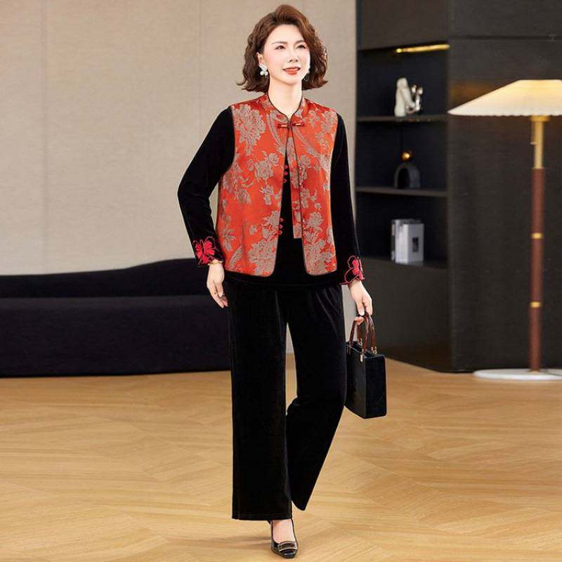 专柜品牌中式妈妈春秋金丝绒三件套女装中老年国风上衣新款马甲洋