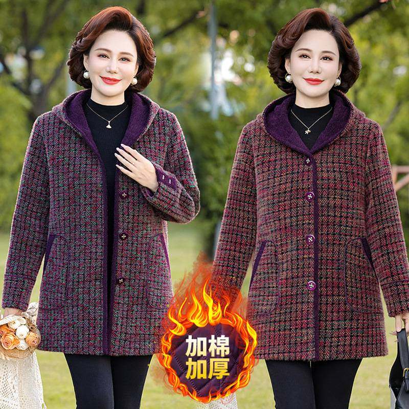 专柜品牌中老年女装秋冬加棉加厚保暖毛呢外套妈妈连帽格子仿水貂