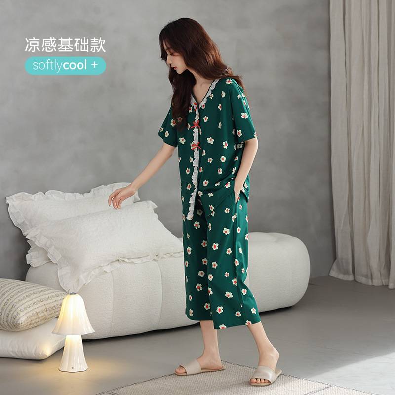 专柜官方睡衣女士夏季纯棉短袖七分裤薄款夏天休闲中年妈妈大码家