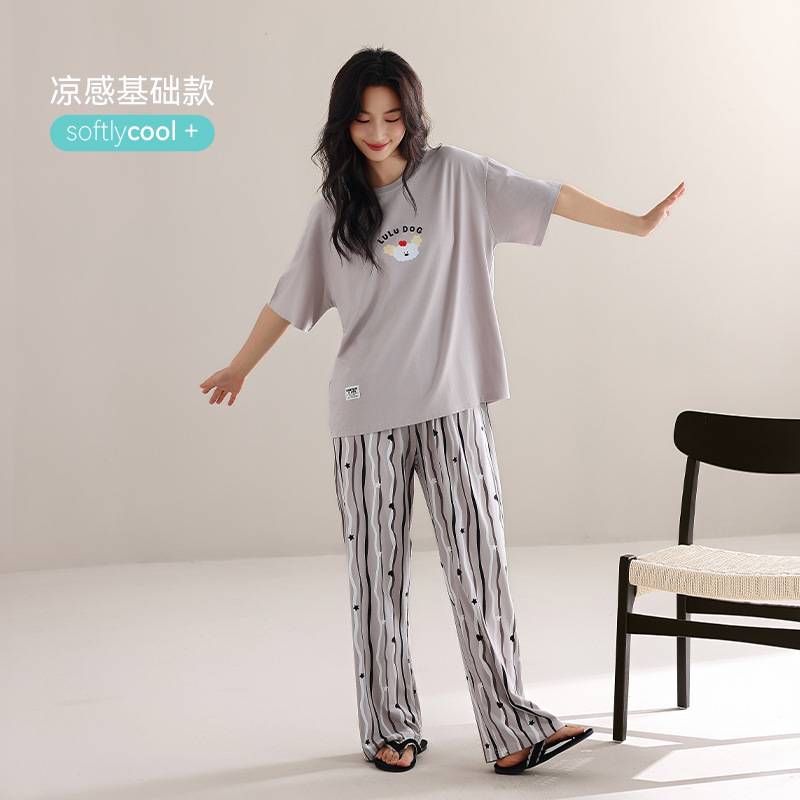 专柜官方莫代尔棉睡衣女夏季短袖长裤新款可爱卡通条纹宽松大码家