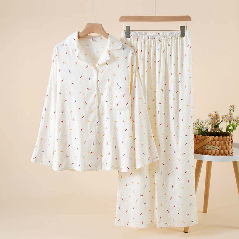 专柜品牌睡衣女春秋季双层纯棉纱小翻领居家服长袖长裤套装宽松大