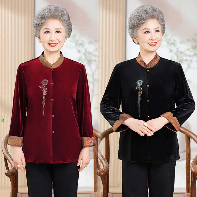 专柜品牌老年人女装妈妈春秋季长袖衬衫唐装奶奶秋装外套老太太喜