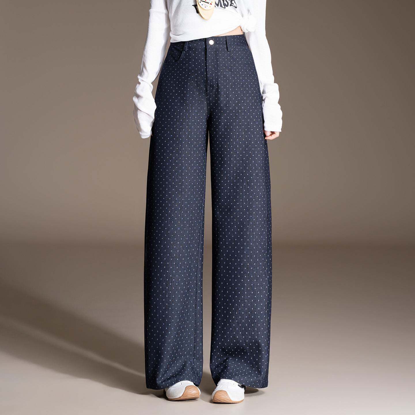 专柜品牌高腰波点牛仔阔腿裤女2026春秋款直筒裤宽松慵懒风休闲长