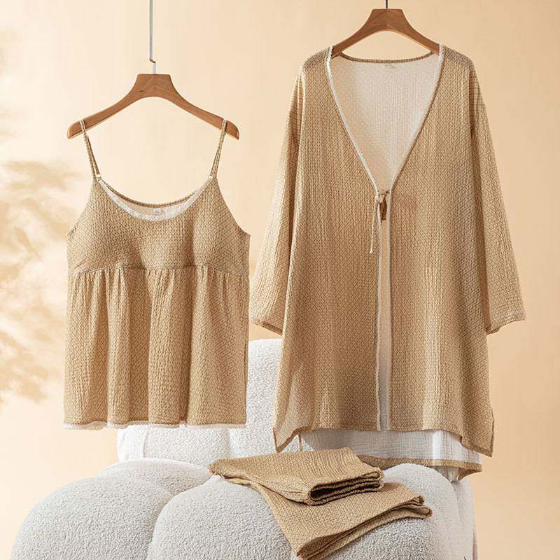 专柜品牌韩系2026春秋新品纯棉花边吊带长裤长袖睡衣女宽松三件套