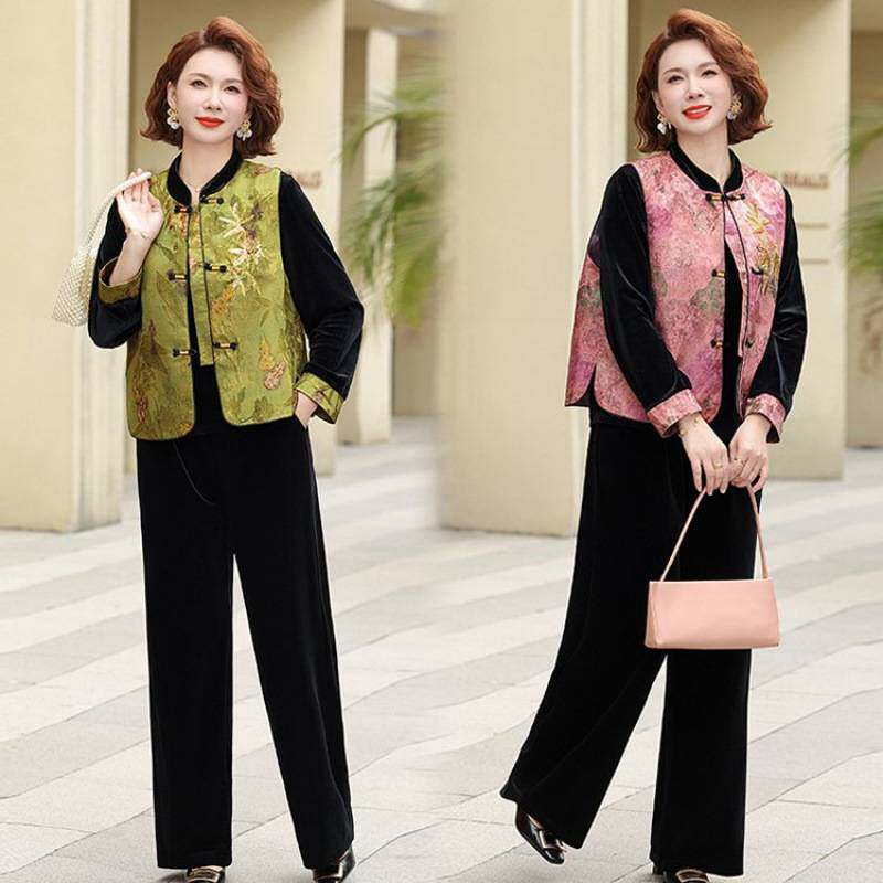 专柜品牌妈妈春装国风金丝绒套装洋气中式马甲衬衫上衣中老年女春