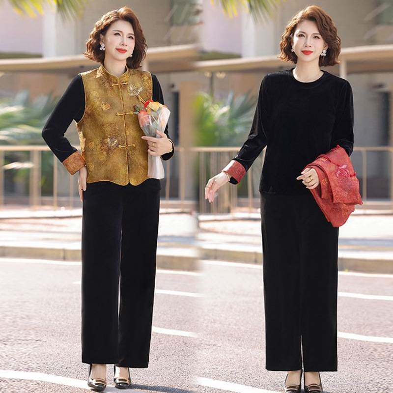 专柜品牌洋气妈妈春装金丝绒套装中老年春秋季刺绣马甲上衣新中式