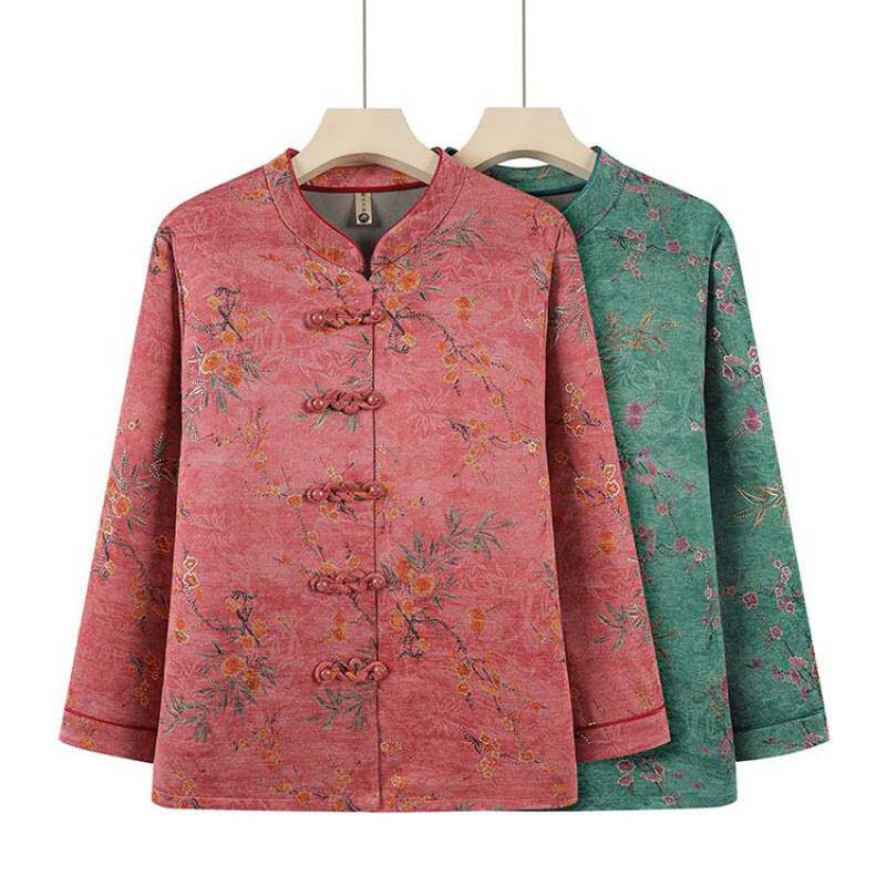 专柜品牌中老年女士春秋薄款棉衣外套大码宽松妈妈装盘扣上衣女式