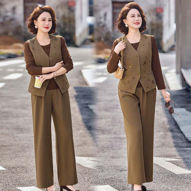 专柜品牌春季时尚洋气妈妈减龄套装香风气质阔腿裤三件套高贵气质
