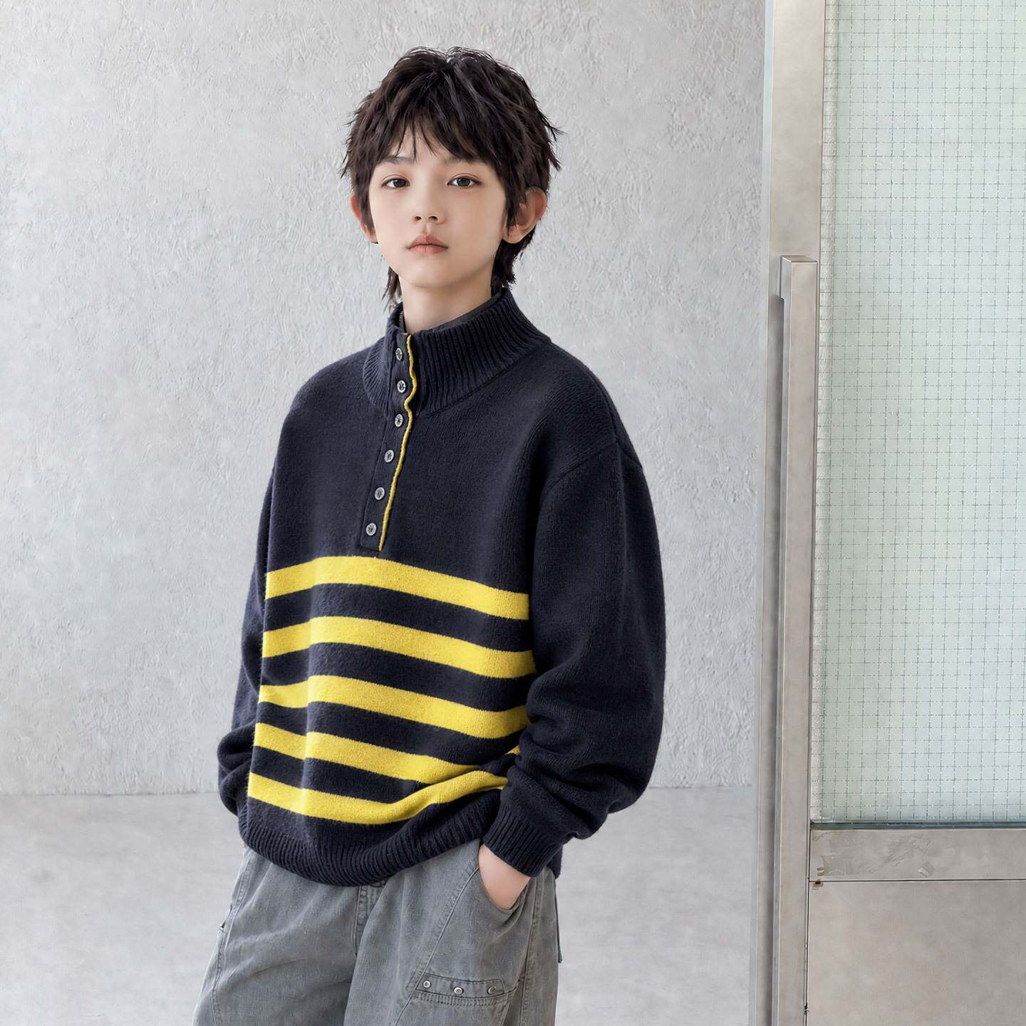专柜品牌男童半高领毛衣时尚拼色休闲针织衫秋冬款男孩洋气百搭套