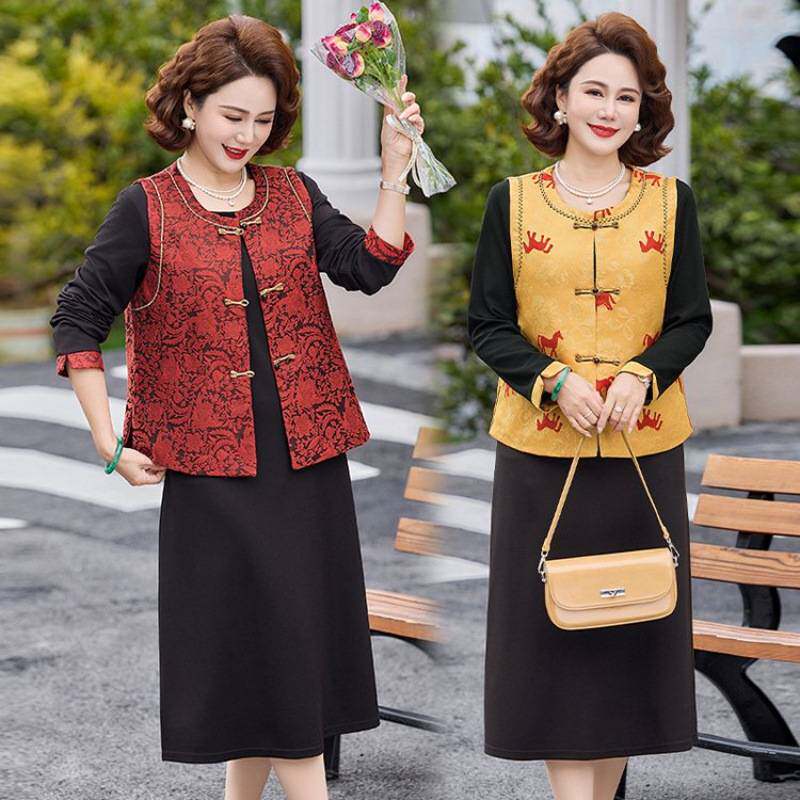 专柜品牌妈妈春装套装中老年女装春秋新中式马甲上衣服连衣裙贵夫