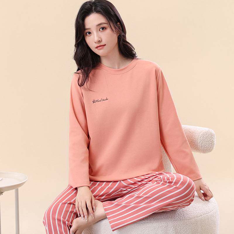 专柜品牌纯棉睡衣女长袖圆领套装春秋季条纹100%棉家居服女简约薄