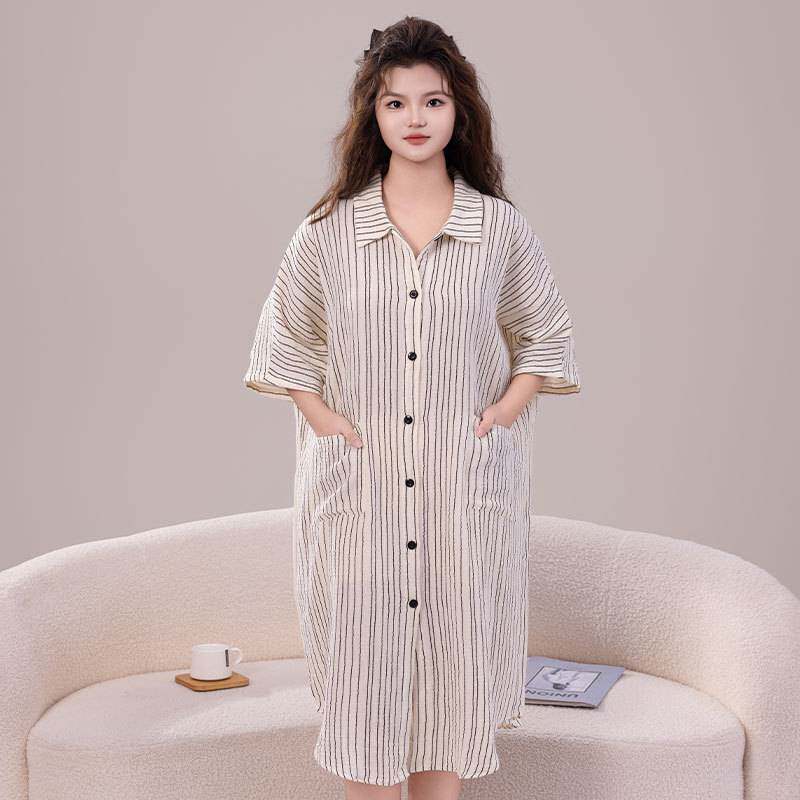 专柜品牌纯棉睡裙女 夏季薄款凉感睡衣家居服透气亲肤简约条纹可