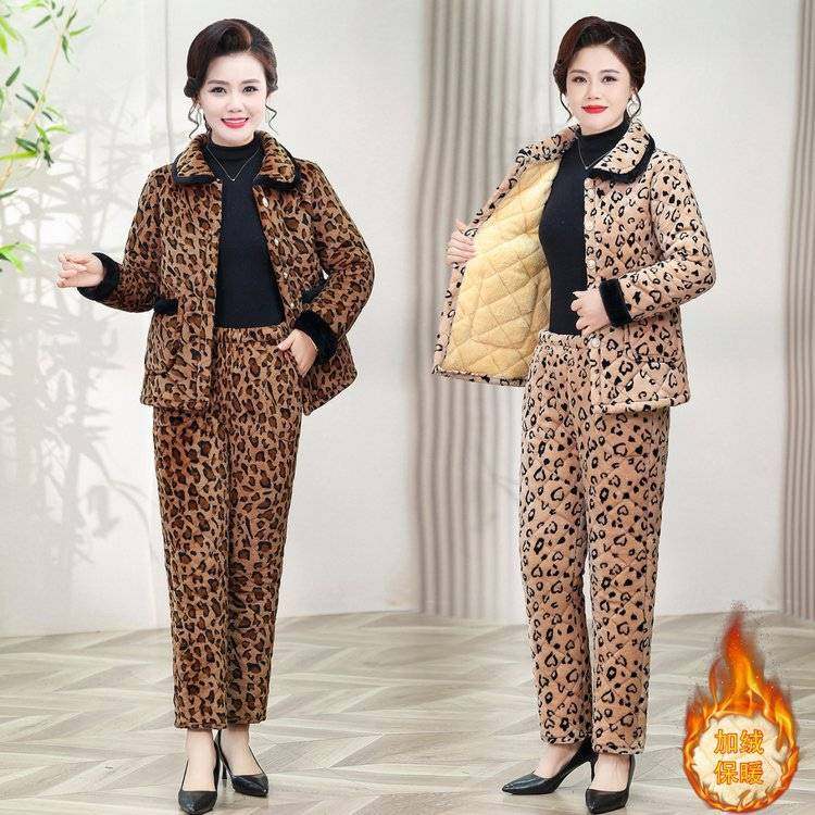 专柜品牌妈妈冬装棉衣棉裤套装女奶奶加绒加厚家居服棉袄老太夹棉