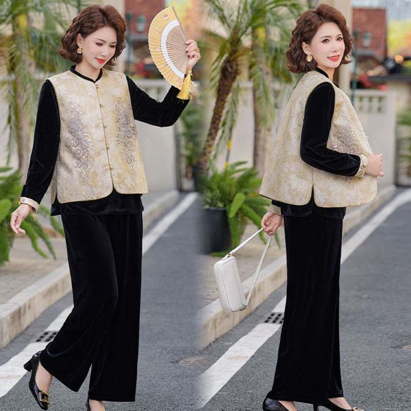 专柜品牌新中式妈妈春装套装国风金丝绒三件套中老年女装春秋上衣