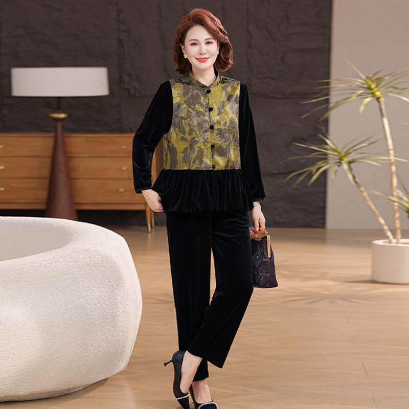 专柜品牌时尚新款妈妈秋装洋气马甲三件套中老年女春秋新中式大码