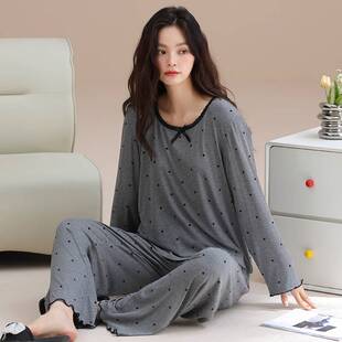 专柜品牌带胸垫睡衣女士春秋薄款莫代尔长袖圆领大码甜美可外穿家