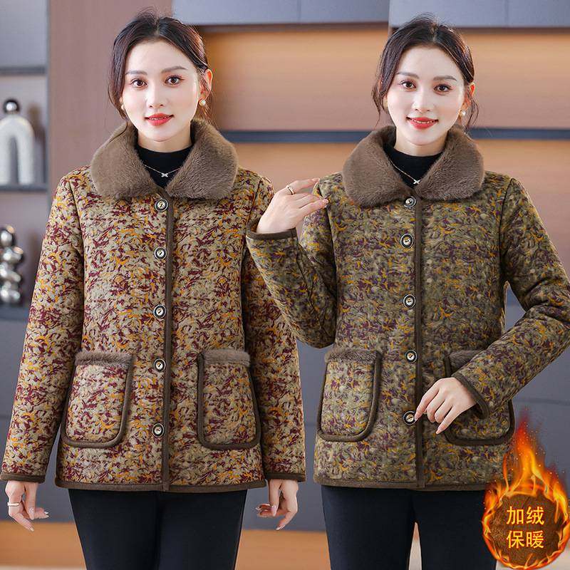 专柜品牌妈妈冬装加绒加厚翻领棉服外套中老年女洋气碎花棉衣气质