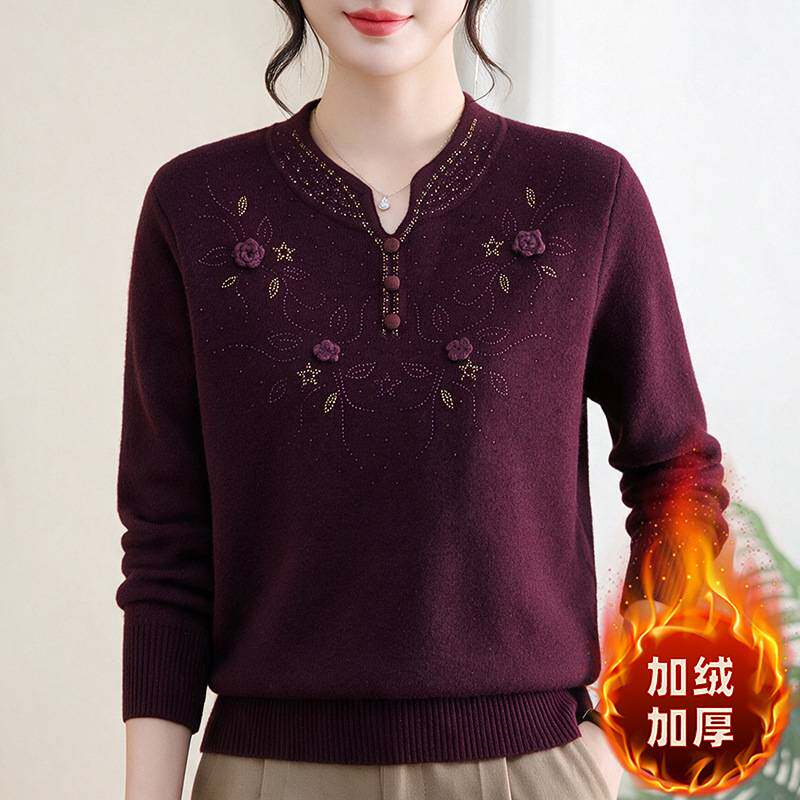 专柜官方2026秋冬季新中式立领红色羊毛衫女刺绣套头新款毛衣妈妈