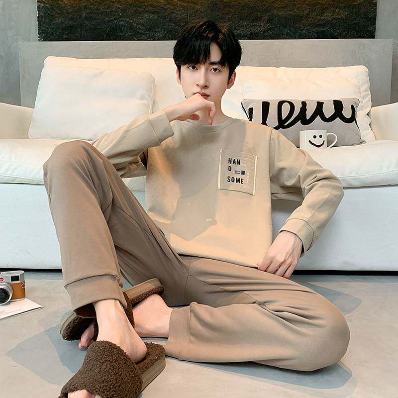 专柜品牌双面纯棉睡衣女春秋季长袖圆领套装简约大码宽松家居服男