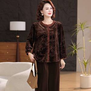 专柜品牌胖妈妈秋装金丝绒套装洋气中老年春秋新中式国风大码上衣