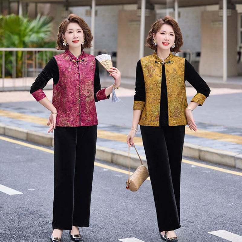 专柜品牌妈妈国风套装春秋中式马甲上衣裤子三件套纯色气质复古内