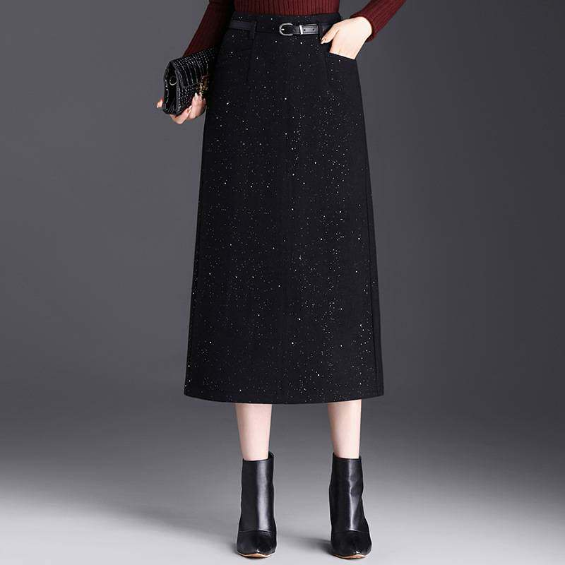 专柜品牌小香风亮片毛呢半身裙女2026新款秋冬中长款显瘦后开叉包
