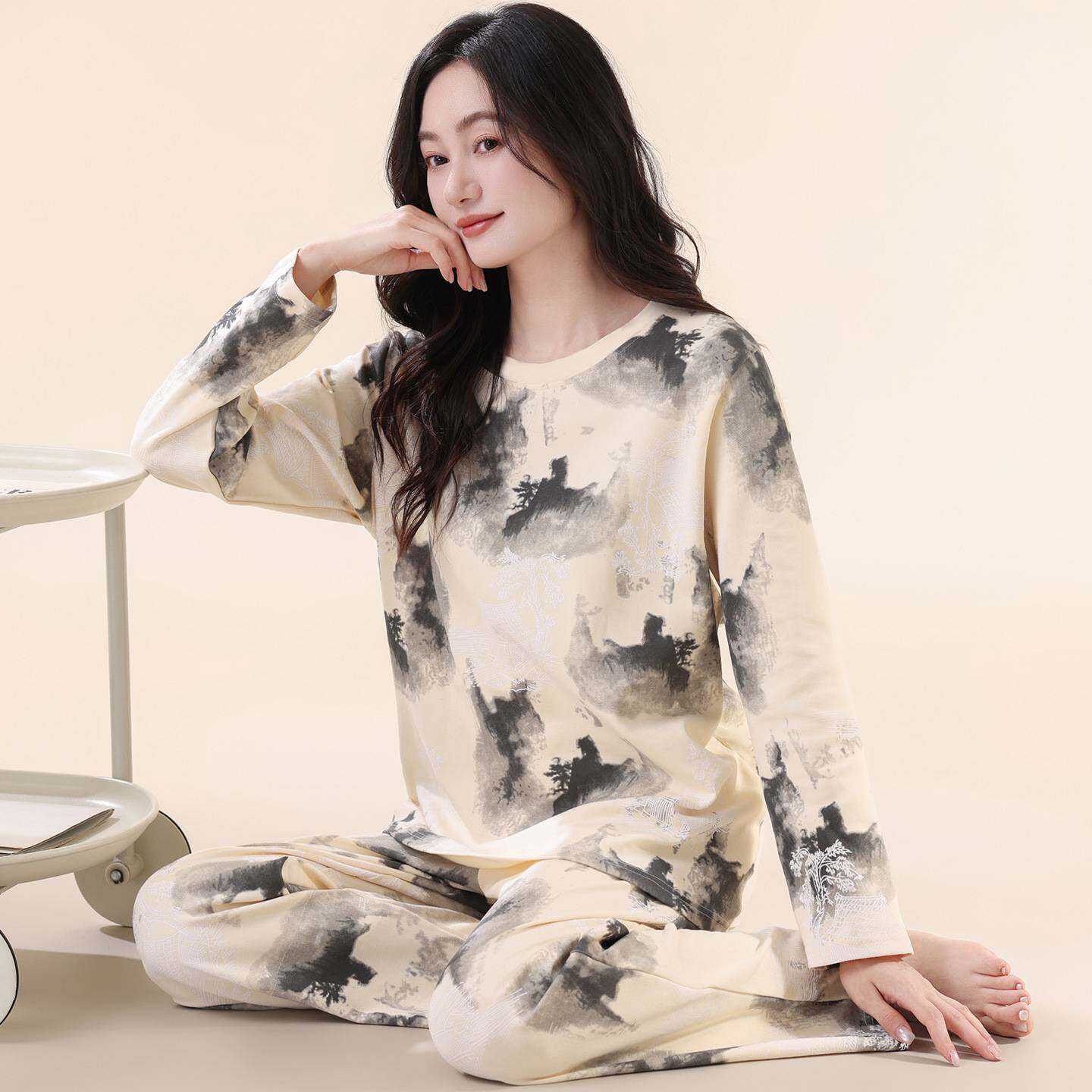 专柜品牌纯棉睡衣女春秋季长袖圆领套装印花全棉家居服女大码薄款