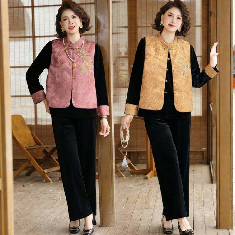 专柜品牌中年妈妈春装金丝绒套装洋气中老年女装春秋新中式马甲三