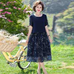 专柜官方中年妈妈洋气连衣裙女2026夏新款假两件遮肚子显瘦真丝雪