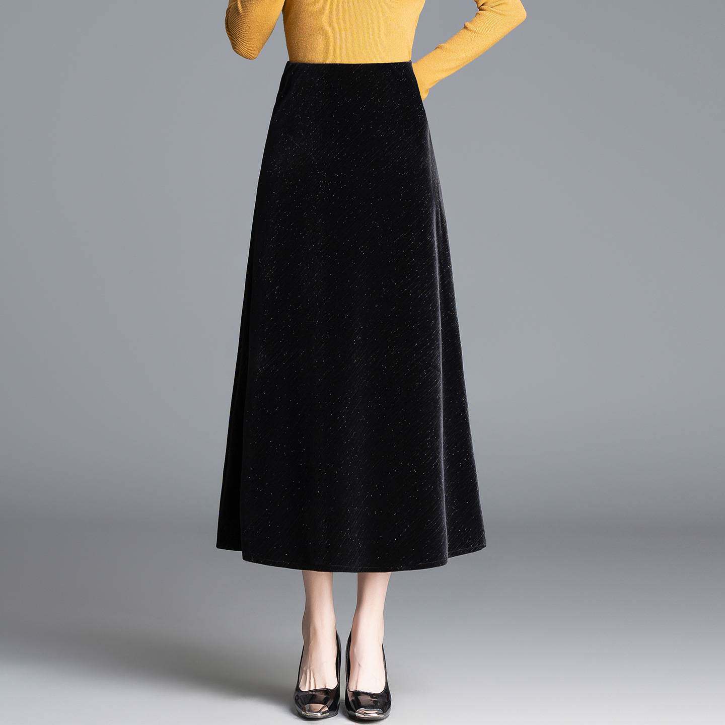 专柜品牌黑色星空闪金丝绒半身裙女2026春秋新款高腰显瘦中长裙气