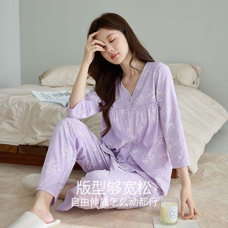 专柜品牌全棉满印花女士带胸垫睡衣春秋季新品女士开襟家居服套装