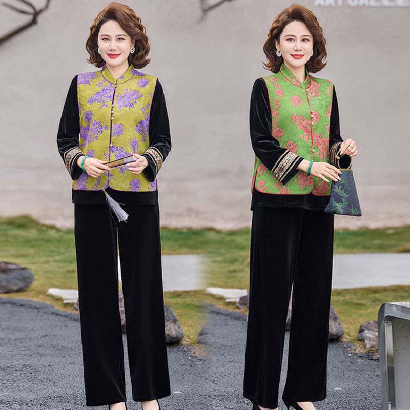 专柜品牌妈妈端庄大气套装中老年女春装马甲金丝绒上衣奶奶春秋背