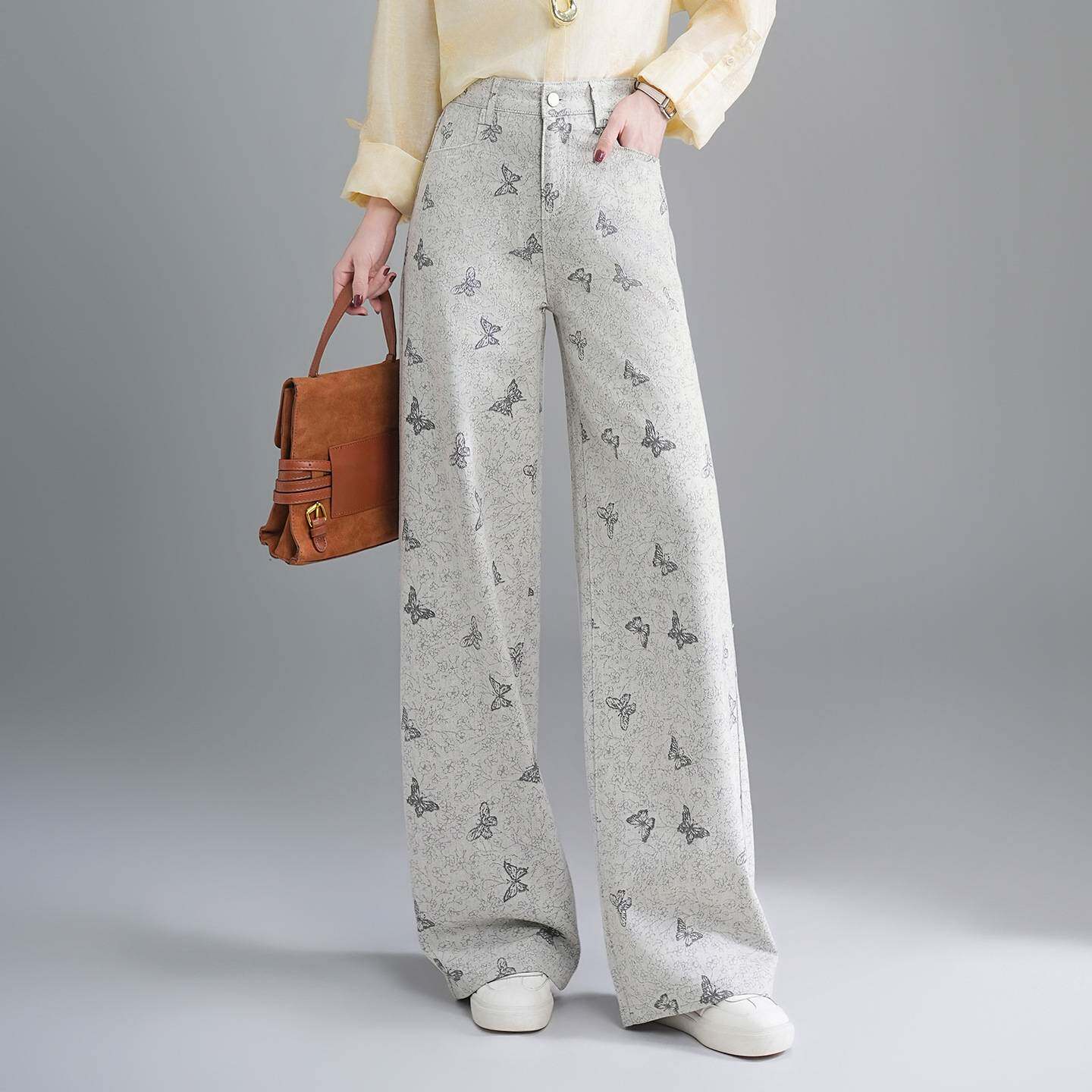 专柜品牌时尚印花阔腿裤女装2026春夏新款休闲裤宽松显瘦坠感直筒