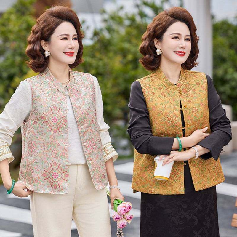 专柜品牌新中式妈妈春装国风马甲背心中老年女装春秋复古盘扣无袖